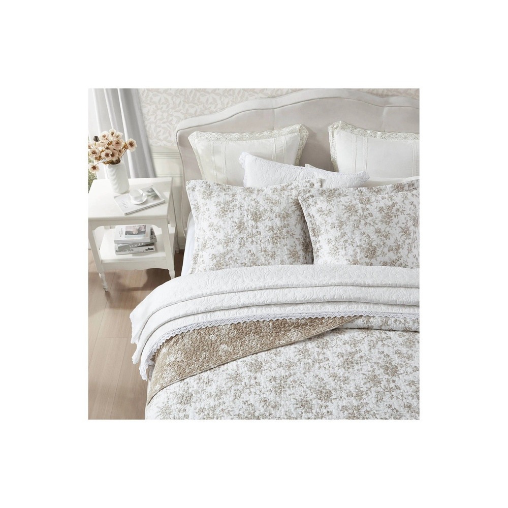 Laura Ashley 3pc King Floral Cream Tan Reversible 100% Cotton Quilt Set NWOT